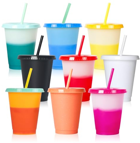 GOMETY 10 Stück Farbwechsel Becher mit Deckel und Strohhalm, 16oz Farbige Trinkbecher Plastikbecher, Mehrweg Groß Farbwechselbecher Partybecher für Kinder Erwachsene Kaffee Smoothie Saft(10 Farben)