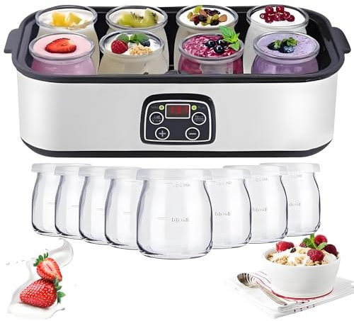 Yaourtière électrique de 1400 ml avec 8 pots, minuterie et affichage LED, facile à nettoyer, machine automatique pour yaourt et fromage maison, appareil de cuisine multifonction