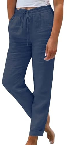 Generisch Damen Leinenhose Sommer 2025 Hose Casual Leinen Leicht Hosen Leinenhose Freizeithose Hose Elastisch Hohe Taille Einfarbig Weites Bein Lockere Hose Knopfleiste Hose Damen Schwarz One Size