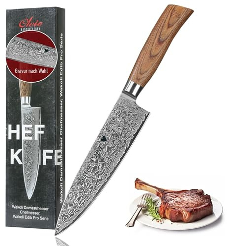 Wakoli EDIB Pro Damast Chefmesser mit Gravur – Personalisiertes Messer, 20 cm Klinge aus 67 Lagen Damaststahl (VG10-Kern), ergonomischer Pakkaholzgriff – Profi Kochmesser in Geschenkbox