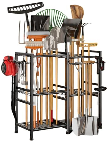 BHKERUZ Gartenwerkzeugregal mit beweglichen Haken & feststellbaren Rollen, Hof-Werkzeugaufbewahrung für Outdoor-Schuppen, Garage, Garten,78×32×85cm