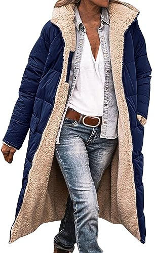 HOOUDO Long Coat for Women Winter Coats for Women UK Fleece Lined Warm Outerwear Ladies Padded Puffer Jackets Quilted Down Coat Jacket Winter Jackets Uk