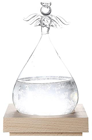 Predittore meteo in vetro tempesta, bottiglia innovativa a forma di angelo con funzione di rilevamento del cambiamento di temperatura con base di legno per ornamento domestico (Bianco)