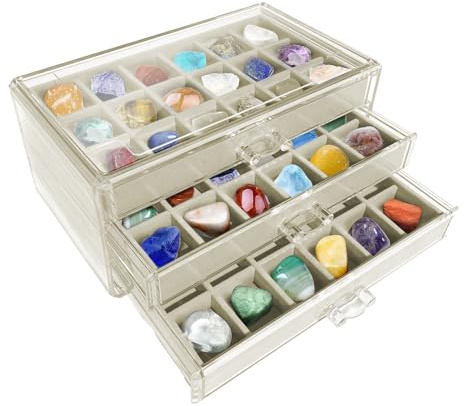 Woalopted Edelstein Vitrine Rock Sammelbox 54 Fächer, Transparente Acryl Stein Sammelbox Mit 3 Schubladen Für Steine Miniaturen Muscheln Präsentation Weihnachten Geburtstag