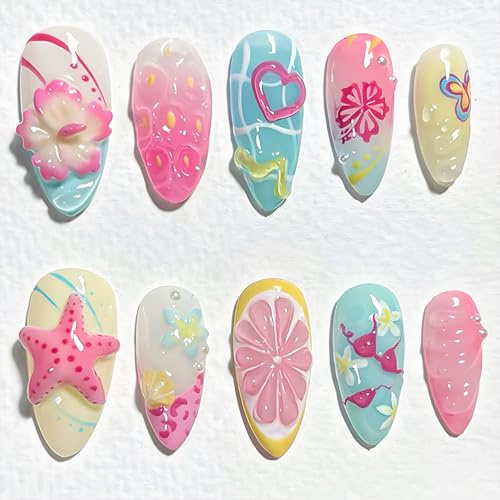 30 Stück Press on Nails Mandel Künstliche Nägel - Fingernägel Zum Aufkleben 3D Gelb Zitronen, Seesternen, Muscheln Designs, Glossy Full Cover Fake Nails - Geeignet DIY Nageldesign für Frauen