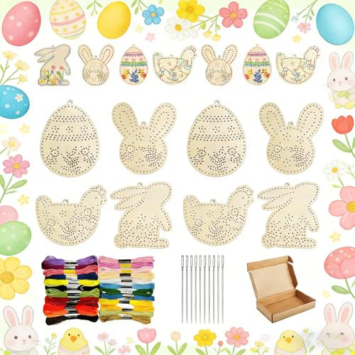 PIujsym 43 Stück Ostern basteln kinder Sticken & Bemalen - Kreatives Kreuzstich Set für Anfänger - DIY Osterdeko Anhänger inkl. Garn & Nadeln - Osterbasteln Geschenk für Sticken Kinder