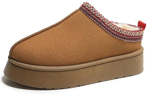 Pantuflas de plataforma para mujer, sin cordones, cálidas, mullidas, cómodas, peludas, zuecos para interiores y exteriores, Brown, 35 EU