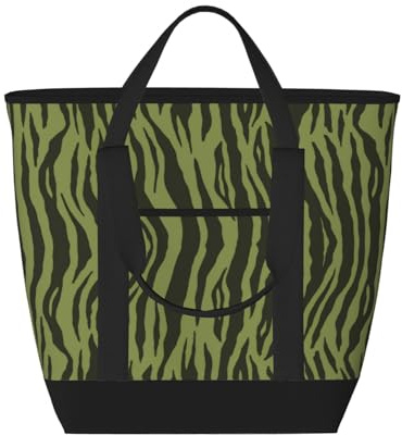 asbwuo Sac cabas isotherme à rayures tigrées vert mousse – Grand format, imperméable et adapté au contact alimentaire, idéal pour les courses, le déjeuner, les pique-niques et les plats à emporter.