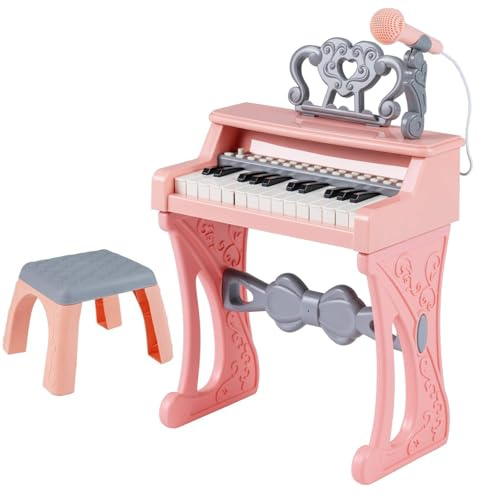GYMAX Kids Piano Keyboard, 25 Keys Children Piano with Music Stand and Microphone, Educational Electronic Keyboard for 3+ Years Old (High Stand with Stool)