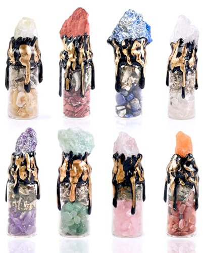CHSEEO Pack de 8 Botellas de Cristal con Corcho, Fragmentos de Cristal y Piedras Preciosas, Mini Piedras Preciosas – Botellas de los Deseos con Piedras Preciosas para Meditación, Decoración del Hogar