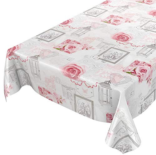 Tischdecke Wachstuchtischdecke Wachstuch Wachstischdecke pflegeleicht abwaschbar Rosen Landhaus Antik Grau 100 x 140cm, Schnittkante