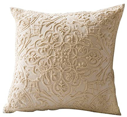 DOKOT Embroidery Throw Pillow Covers Square Cushion Case 100% Cotton with Zipper for Home Decorative 20x20 inches(50x50cm) Beige