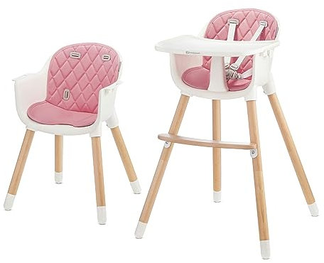 Kinderkraft Hochstuhl SIENNA 2 in 1, Kinderhochstuhl, Babystuhl, Kombihochstuhl, Beine aus Holz, 5-Punkt-Gurt, Fußstütze, abnehmbare Tablett, Rutschfeste Stuhlbeinkappen, ab 6 Monate bis 4 Jahre, Rosa