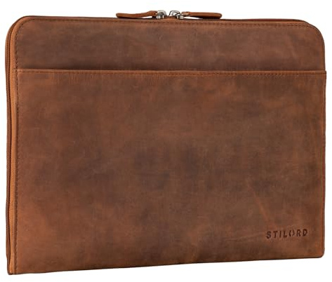 STILORD 'Troy' Housse en Cuir Ordinateur 13 Pouces Pochette pour MacBook et Laptop 13,3 Pouces Vintage Organiseur de Documents Dossiers Conférencier, Couleur:Tan - Marron - Scuro
