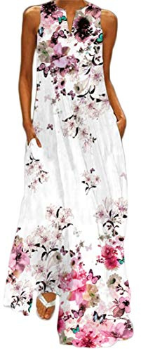 WINKEEY Vestido Maxi para Mujer Estampado Floral Mariposa Bohemio Vestido de Verano con Bolsillos Sin Mangas Talla Grande, Cereza 2XL