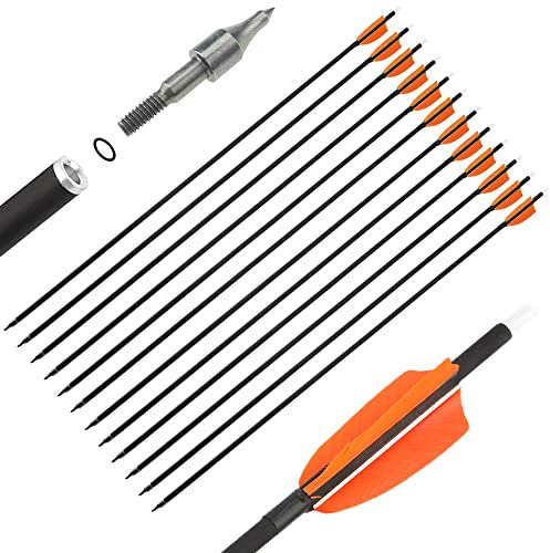 SHARROW 12P Carbonpfeile 32 Zoll Carbon Pfeile für Bogenschießen Spine 500 Carbon Jagdpfeile mit 3 Zoll Natürliche Federn Pfeile für Recurvebogen Compoundbogen (Orange)