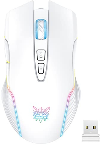 PHNIXGAM Rechargeable Wireless Gaming Mouse, Ergonomic RGB Computer Mouse with 2.4G Receiver, RGB Backlight, Adjustable DPI Up to 3600, 7 Buttons (Not Programmable) for Windows Vista Linux (White)