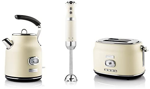 Westinghouse Retroline Frühstück-Set Weiß, Toaster, Stabmixer & Wasserkocher, 1.7 Liter und Kalkfilter, Zwei Schlitz Toaster mit Brötchenaufsatz, Stabmixer mit 4 Geschwindigkeitsstufen
