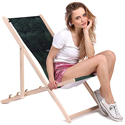 DreamRoots Liegestuhl Klappbar Holz aus Buchenholz, bis 130 kg belastbar, 3-Fach verstellbare Rückenlehne, waschbarer Polyesterbezug