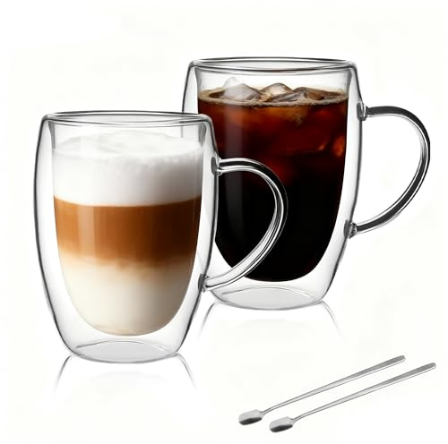 LIBWYS 2 Pack Double Walled Coffee Cups Glasses Mugs with 2 Spoons, Cappuccino Latte Tea Cups with Handle, Heat Resistant Cup Drinking Glasses 350ML Coffee Cup | Espresso Cappuccino Latte Tea Cups with Handle, Insulated Heat Resistant Clear Espresso Cups, Hot and Cold Beverages, 350ml