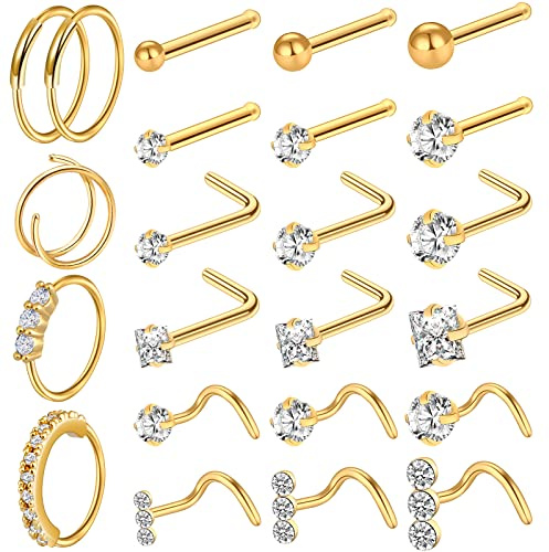ONESING 23-40 Pcs Gold Nose Rings for Women 20G Piercing L Shape Studs Hoop Nose Jewelry Gold Stainless Steel Screw Body Piercing Jewelry for Women Men
