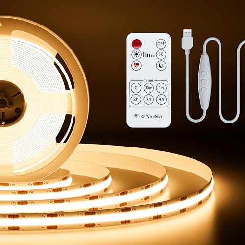 PAUTIX USB 5V LED Streifen Warmweiss 2M mit RF Fernbedienung, 640LEDs 3000K Dimmbar COB LED Strip Lights CRI85+ TV Hintergrund beleuchtung,Flexibel Unterbodenleuchte für Küche,Zuhause DIY Beleuchtung