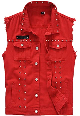 Chaleco Vaquero con Remaches para Hombre Chaleco de Motociclista Vintage Chaqueta de Vaquero sin Mangas con Solapa a la Moda Chaleco Rojo