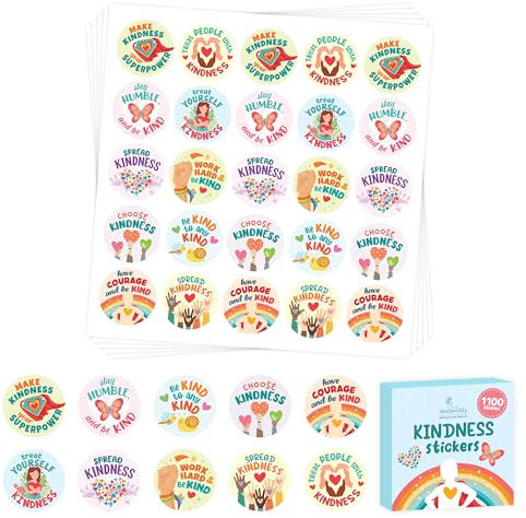 Decorably 1100 Kindness Stickers for Kids Bulk - 44 Sheets with 10 Colorful Designs for Classroom Activities, Positive Reinforcement, Arts & Crafts, Scrapbooking, Gift