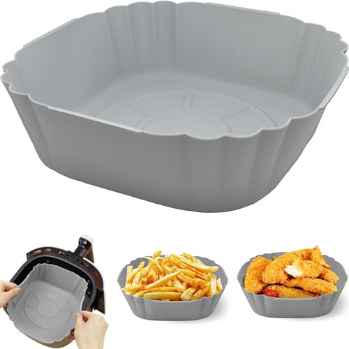 Olla de Silicona para Freidora de Aire, Cesta Molde Silicona Airfryer Reutilizable Accesorios Freidora sin Aceite Fuente Airfryer de 3 a 4,5L Cuadrada Antiadherente, Microondas Horno Bandeja 20 cm