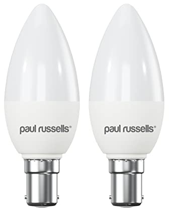 paul russells LED Candle – Small Bayonet Fitting Dimmable Light, 5.5W B15 C37 LED Bulbs, 40w Equivalent, 2700K Warm White, Dimmer SBC Energy Saving Ceiling Lightsbulbs, Pack of 2