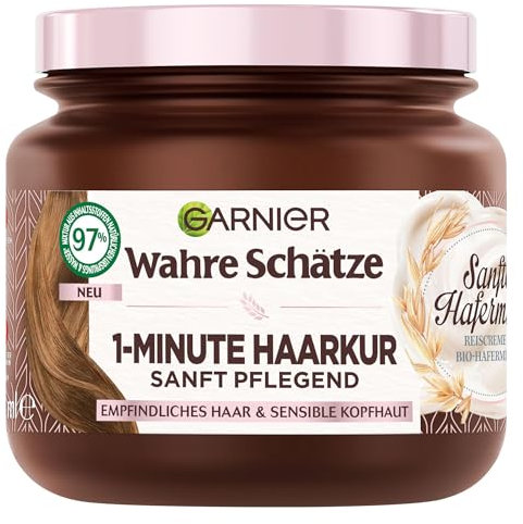 Wahre Schätze Feuchtigkeitsspendende 1-Minute Haarkur für sensible Kopfhaut, Mit Reiscreme und Bio-Hafermilch für ein angenehmes Haarerlebnis, Vegane Formel, 1 x 340 ml