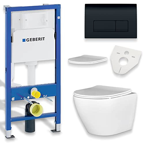 BADLAND WC Set – Geberit Duofix Basic UP100 Vorwandelement + Wand-WC Desna in Weiß + Betätigungsplatte Delta50 Schwarz + Slim WC-Sitz mit Soft-Close + Schallschutzmatte