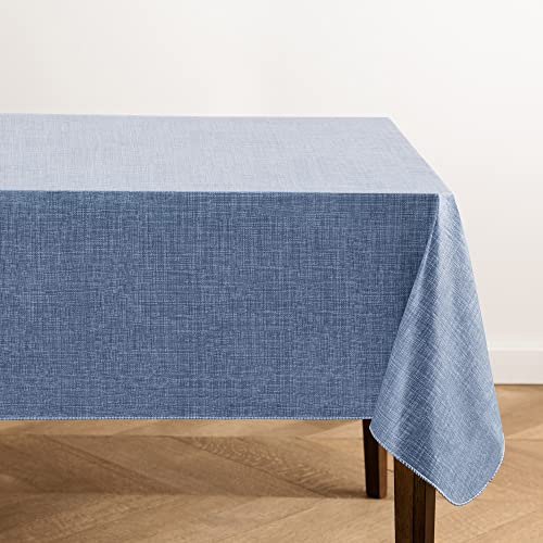 Elrene Home Fashions Monterey Linen Inspired Water- and Stain-Resistant Vinyl Tablecloth with Flannel Backing, 52 inches X 70 inches, Rectangle, Blue