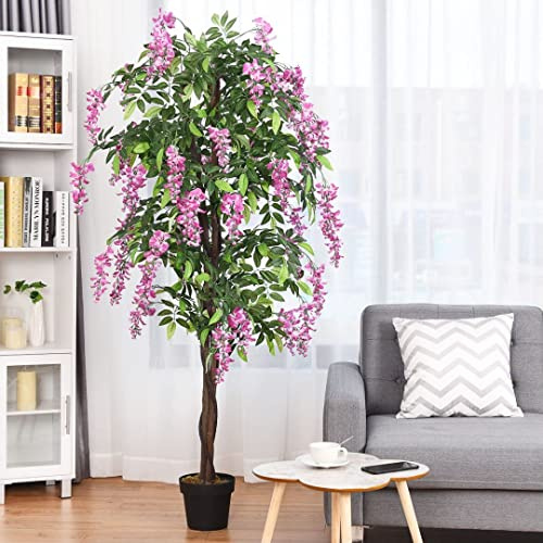 GiantexUK Artificial Tree, 180CM Fake Ficus Plant with Nursery Plastic Pot, Decorative Realistic Wisteria Greenery Trees in Pots for Home Office Decor