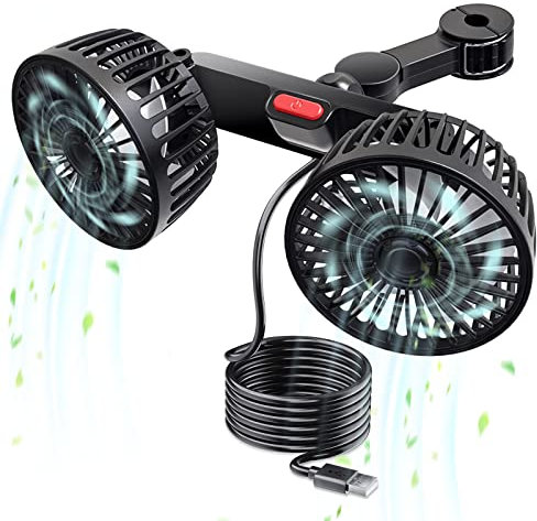 Punasi Auto Ventilator, Tragbarer USB Ventilator Lüfter, Doppelkopf Autolüfter Gebläse mit 3 Geschwindigkeiten & 360° Drehung, Clip Fan für Fahrzeuge wie Limousine, SUV, RV