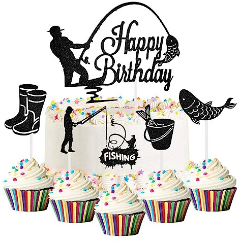 Silars Fishing Cake Toppers, 6pcs Black Glitter Fishermen Cake Topper, Angling Happy Birthday Cake Topper for Cake Decorations