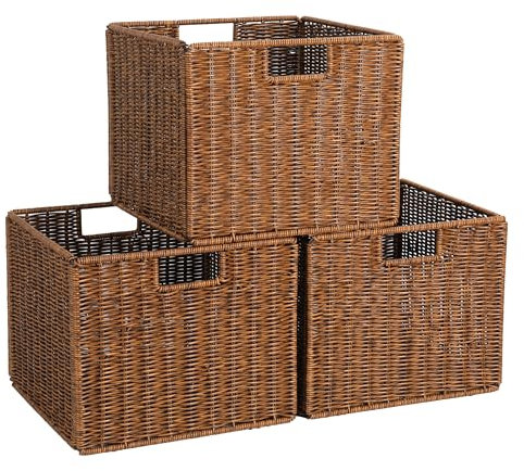 Braune Aufbewahrungskorb aus Weidengeflecht aus Kunststoff groß/30,5 x 30,5 x 25,5 cm/Faltkorb Flechtkorb/Storage Box für Regale, Speisekammer, Organisation und Aufbewahrung – 3er Set