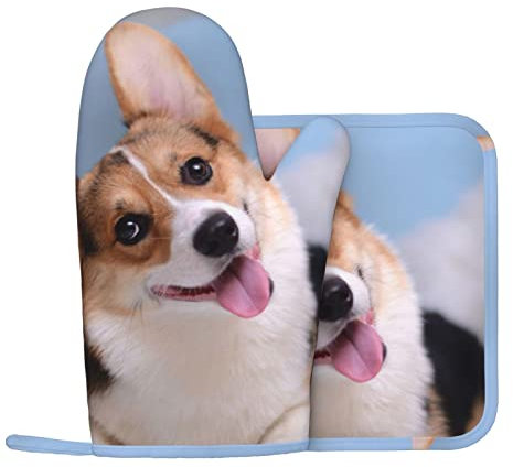 Hunde Ofenhandschuhe und Topflappen Set für Küche Kochen und Backen und Mikrowelle, Silikon Anti-Heiße Handschuhe + Anti-Heiß-Pad (Linke Handschuhe)