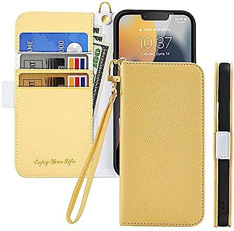 Tiyoo Flip Phone Case for iPhone 12 mini, Premium Magnetic Wallet Case for Phone Protection, Lychee Pattern PU Leather with Card Slots and Wrist Strap,Shockproof Phone Cover for iPhone 12 mini, Yellow
