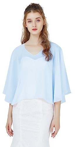 BEAUTELICATE Damen Chiffon Schal Stola V-Ausschnitt Eleganten Cape Umhang für Braut Sommer Hochzeits Festliche Abendkleid (V - Ausschnitt - Hellblau,Einheitsgröße)