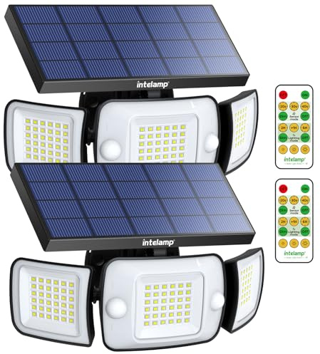 intelamp Lampe Solaire Exterieur avec Detecteur de Mouvement | 4 Modes & Télécommande Eclairage Solaire,IP65 Etanche Projecteur Solaire Exterieur pour Jardin, Garage, Patio
