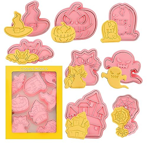 Cortadores de Galletas 3D Presionables para Halloween, Cortadores de Galletas de Plástico Para Halloween, 8 Piezas Moldes Galletas Hallowee, Moldes Galletas Infantiles, Para Cookie, Fondant, Fruta