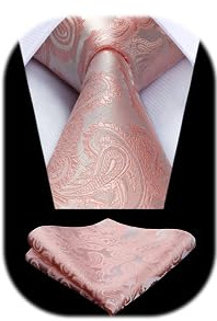 HISDERN Krawatten für Herren Rosa Extra Lange Krawatte mit Einstecktuch Set Paisley Herrenkrawatte und Taschentuch Formelle Hochzeit Schlips Männer