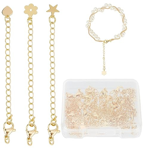 CREATCABIN 24 Stück Halsketten-Verlängerungskette 3-Stil,18 Karat Vergoldetes Messing,Kettenverlängerung,Verlängerungsstücke Karabinerverschlüssen,Herz,Blumen-Stern,Für Herstellung Armbändern,7cm