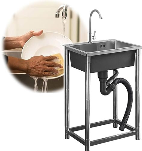 HCZION Freistehende Wäscherei Waschbecken Outdoor Küchenspüle Wasserhahn 60cm Waschbecken Einzelschüssel Edelstahlspüle Für Bauernhaus Terrasse Camping (Color : Cold+Hot, Size : 58x43cm/22.8x16.9in