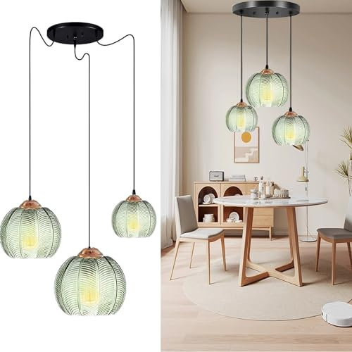 YQGOO Vintage Pendelleuchte Esstisch Glas 3-flammig Hängeleuchte Pendellampe Grün Glas Höhenverstellbar Hängelampe Für Schlafzimmer Wohnzimmer Küchenspüle (15cm+20cm+25cm)