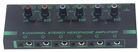 Headphone Amp Amplifier, 6 Channel Metal Stereo Audio Amplifier, 12 Output Ports, 3.5mm and 6.35mm Headphone Jack, for Live Performance, Recording Studio