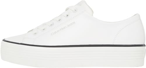 Calvin Klein Women’s Bold Leather Low Top Vulcanised Trainers, White (Bright White/Black), 6
