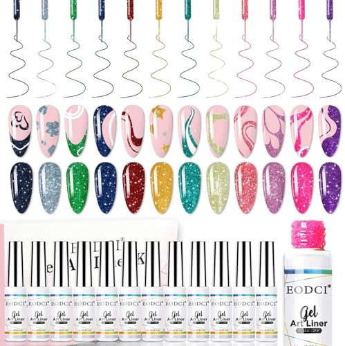 EODCI 12 Farben Gel für Gelnägel Set Reflektierender Glitzer, Disco Glitter Liner Gel Polish Silber Pink UV Nagellack Starterset Malerei Gelpolitur Set Für DIY Drawing Line