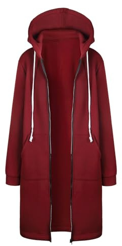 AIGOUT Cappotti da donna a tinta unita, con cappuccio e cerniera, con 2 tasche, per autunno e inverno, a maniche lunghe, cappotto, felpa, maglione, abiti in pile, cardigan, vino, XL